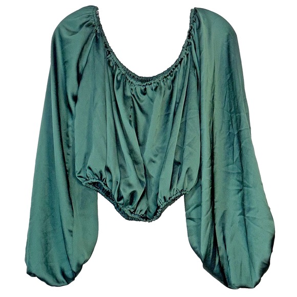 HYFVE Hunter Green Cropped‎ Top XL Silky Balloon Sleeves Gathered Neck & Waist - Picture 2 of 8